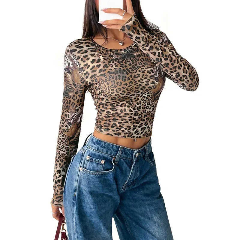 Women's Vintage Leopard Print Long-sleeved T-shirt Meifu Market