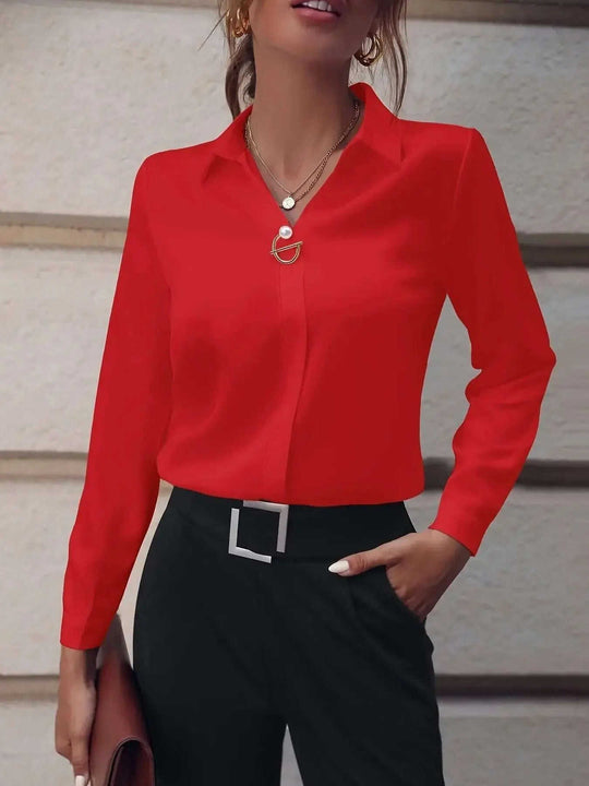 Commuter V-neck Long-sleeved Shirts Ins Fashion Solid Color Pullover Top Autumn And Spring Women's Clothing Meifu Market