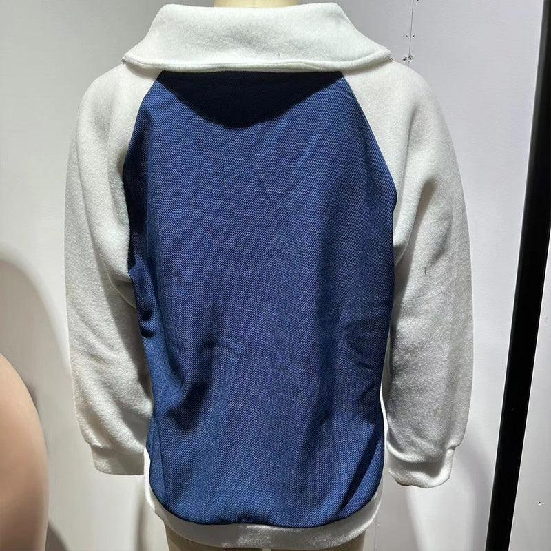 Women's Denim Patchwork Zip-Up Jacket - Stand Collar Casual Coat Fall Winter Meifu Market