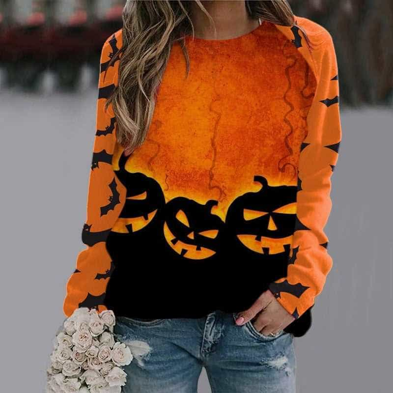 Halloween Cartoon Print Sweatshirt Long Sleeve Pullover Tops Women 