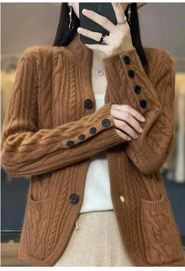 pure wool cardigan women | loose fit knitted coat | stand collar sweater | energy saving
