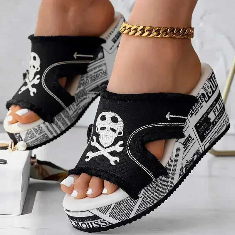 Newspaper Skull Original Hem Platform Wedge Slides - Anklet Not Included Meifu Market