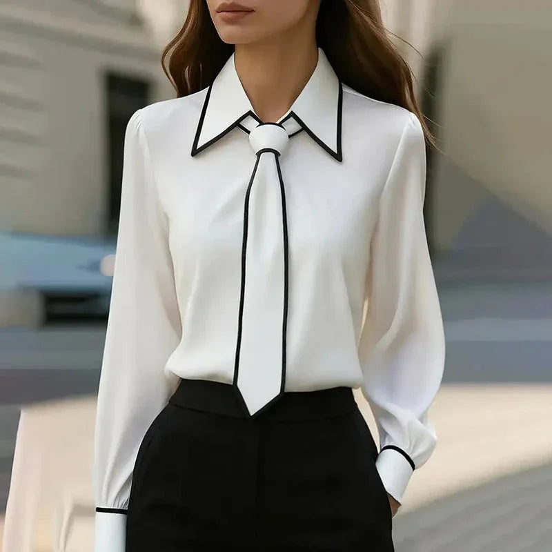 Women's Classic Tie & Lapel Blouse, Long Sleeve Contrast Color Design Shirt For Office And Formal Wear Meifu Market