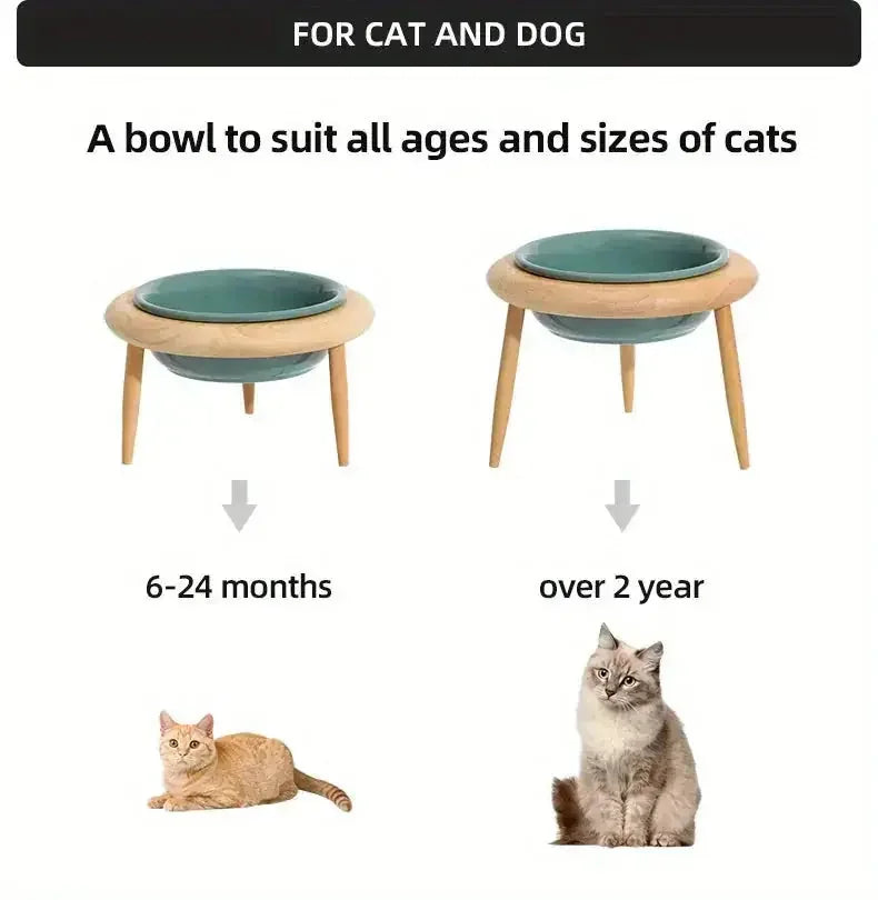 adjustable height pet bowl | ceramic cat food bowl set | elevated wooden pet feeder | energy saving