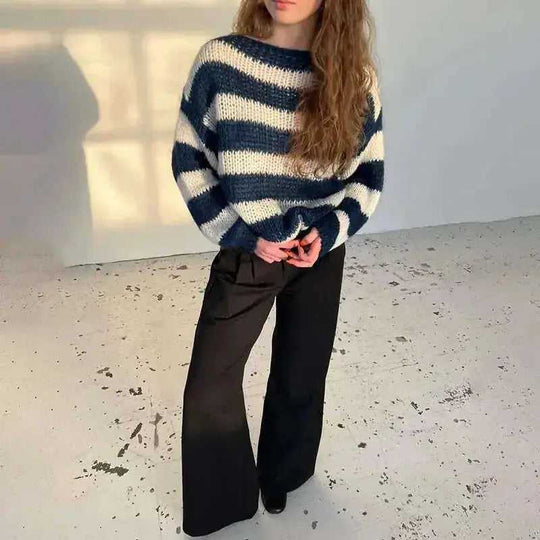 Loose Striped Pullover Sweater Fashion Versatile Long-sleeved Knitted Tops For Women Clothing S - styled loose striped pul...