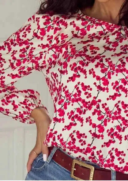 red floral print blouse | long sleeve open back top | chiffon material blouse | energy saving