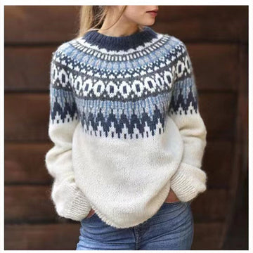 Round Neck Pullover Jacquard Vintage Print Sweater Meifu Market