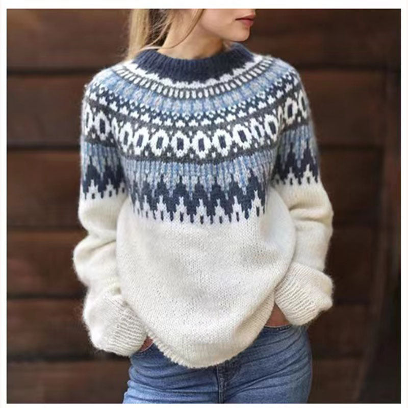 Round Neck Pullover Jacquard Vintage Print Sweater Meifu Market