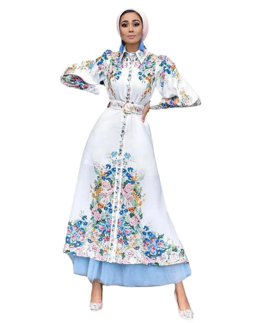 Women's Floral Print Maxi Dress - Puff Sleeve Lapel Collar Long Dress with Button Front