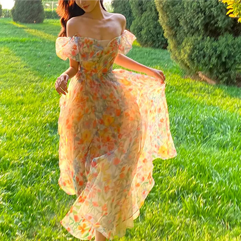 Off Shoulder Floral Printed Chiffon Maxi Dress Meifu Market