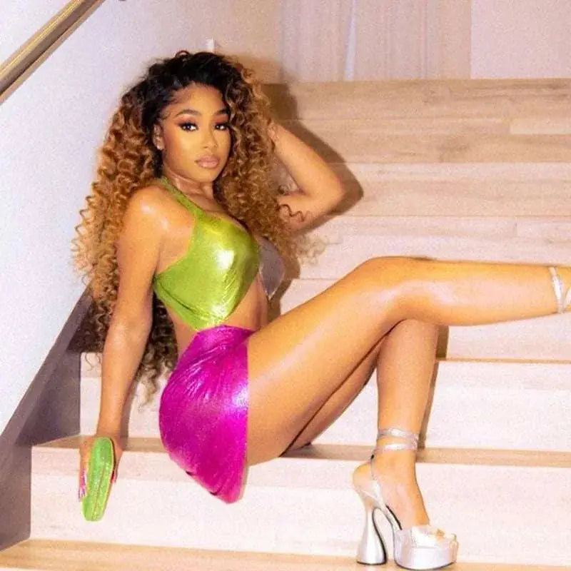 casual halter dress | three-color stitching dress | crop short dress | ultrasonic cleaning