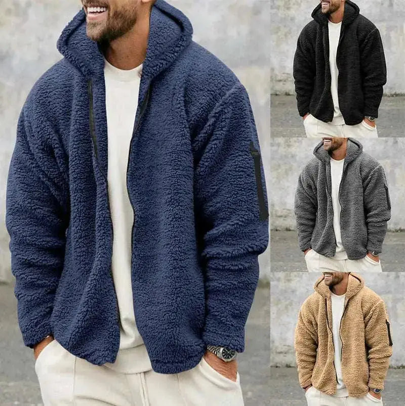 men fleece jacket | double-sided zipper coat | plush hooded jacket | energy saving