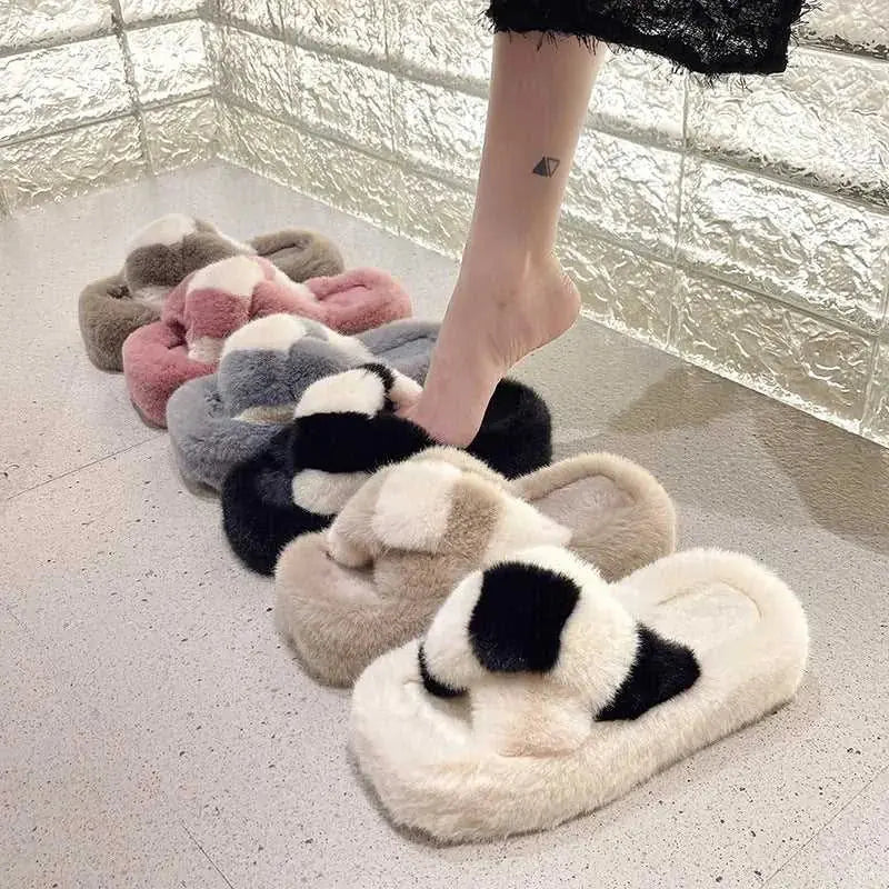 plush fleece lining | 5cm heel slippers | cross-strap house shoes | energy saving