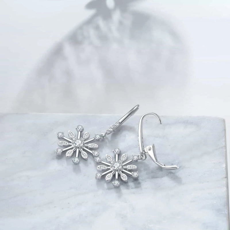 sterling silver earrings | zirconia snowflake jewelry | leverback dangle earrings | energy saving