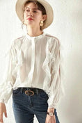 linen blend shirt | loose fit blouse | elegant lace detailing | energy saving