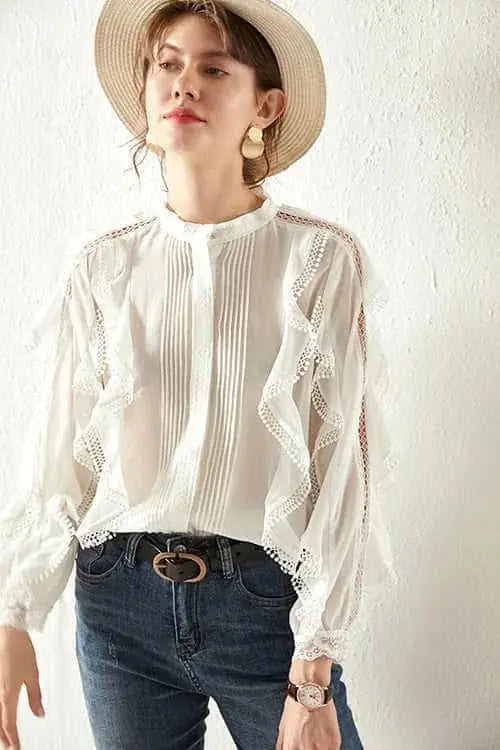 linen blend shirt | loose fit blouse | elegant lace detailing | energy saving