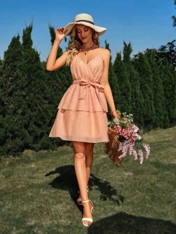 stretchable fabric dress | adjustable waist strap dress | v-neck casual dress | energy saving