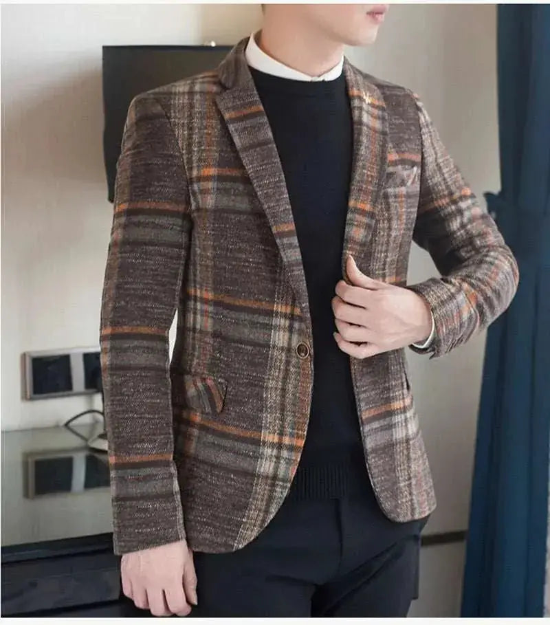 slim fit plaid blazer | mens tailored blazer | lightweight wool blend blazer | ultrasonic cleaning