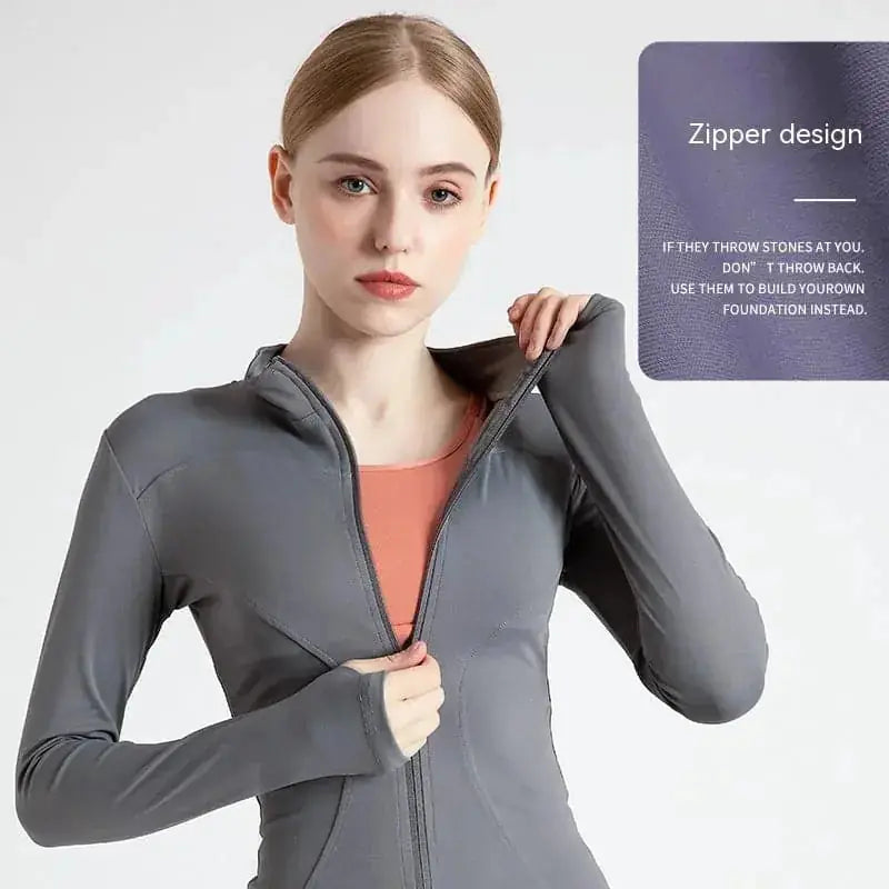 quick-dry fabric | slim-fit yoga jacket | moisture-wicking material | ultrasonic cleaning