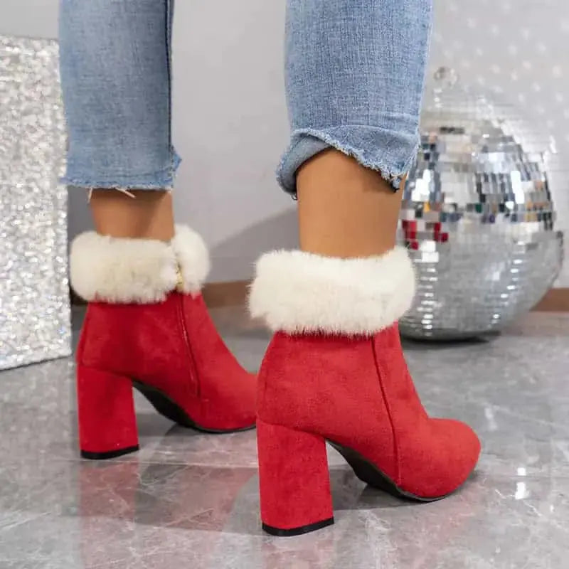 New Plaid Print Plush Ankle Boots Winter Fashoin Square Heel Suede Boots Women Casual Versatile Shoes Autumn And Winter 