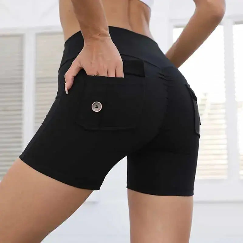 high waist yoga shorts with pockets | quick dry fitness shorts for women | hip lifting workout shorts | ultrasonic cleaning