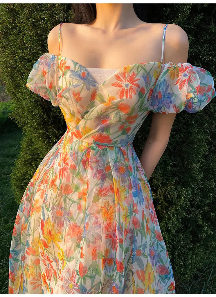 Off Shoulder Floral Printed Chiffon Maxi Dress Meifu Market