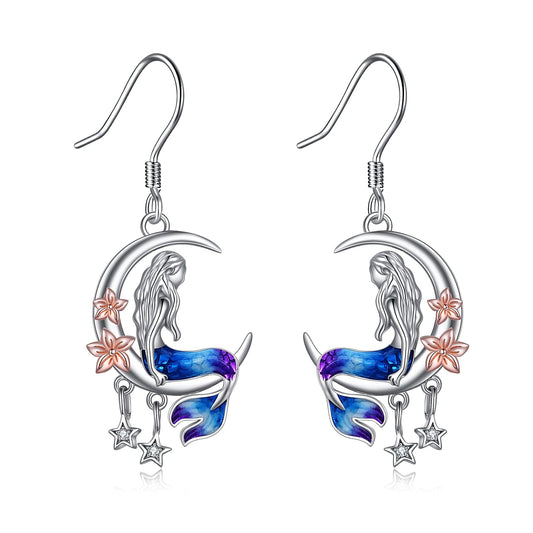 925 Sterling Silver Mermaid Earrings - Crescent Moon Dangle Drop with Zircon Crystals