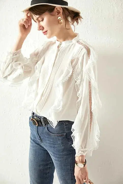 linen blend shirt | loose fit blouse | elegant lace detailing | energy saving