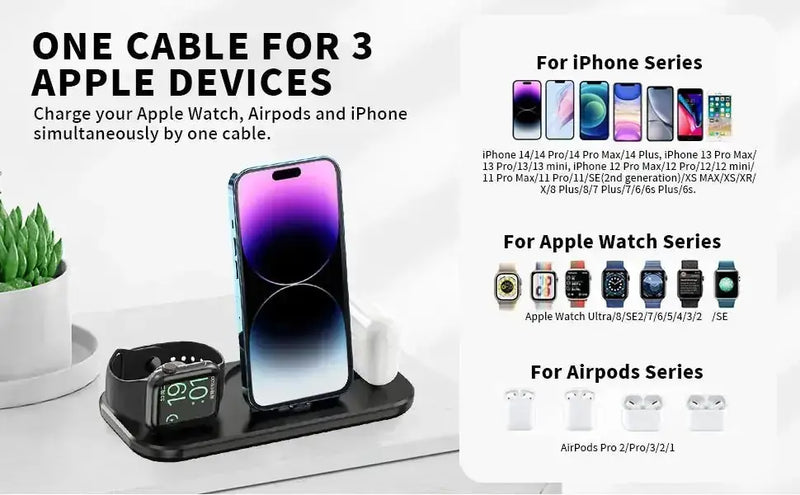 3 in 1 Wireless Charger Pad Stand For iPhone 14 13 12 11 Apple Watch Fast Charging Dock Station for Airpods IWatch Phone Holder - Meifu Market