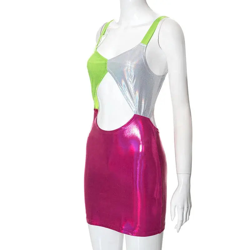 casual halter dress | three-color stitching dress | crop short dress | energy saving