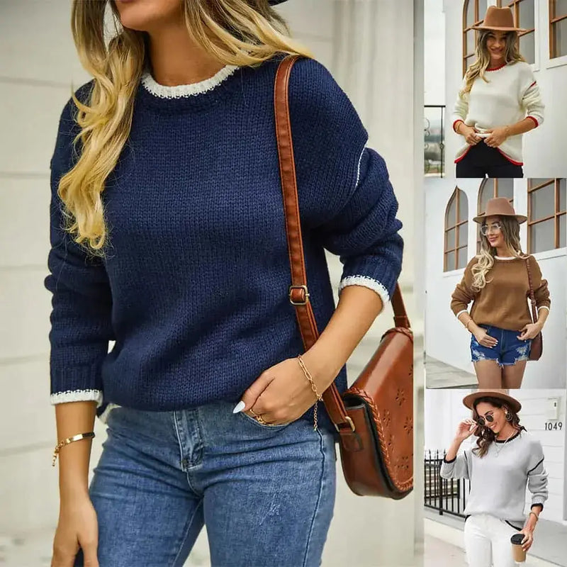 patchwork knit pullover | striped round neck sweater | contrast color knitwear | ultrasonic cleaning