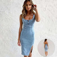 stretch denim fabric | u-neck suspender dress | summer casual dress | energy saving