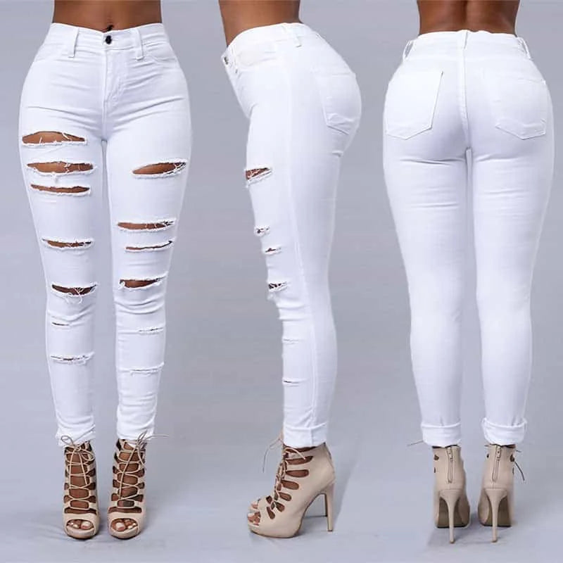 ripped skinny jeans for women | high waist pencil pants | distressed denim trousers | energy saving