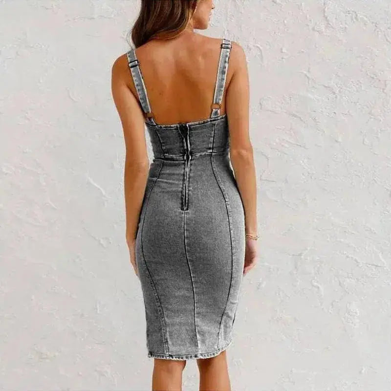 stretch denim fabric | u-neck suspender dress | summer casual dress | energy saving