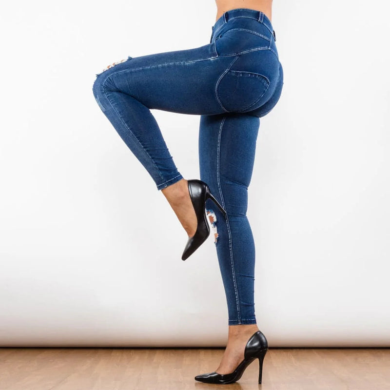 ripped blue jeggings | middle waist jeans | high stretch denim | ultrasonic cleaning