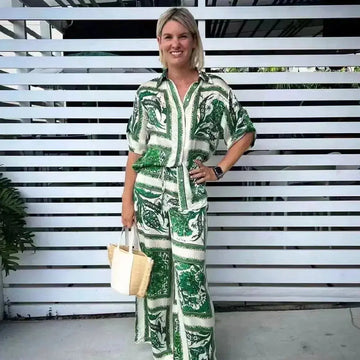 fashion printed pants suit | polyester blend fabric | elastic waistband pants | energy saving