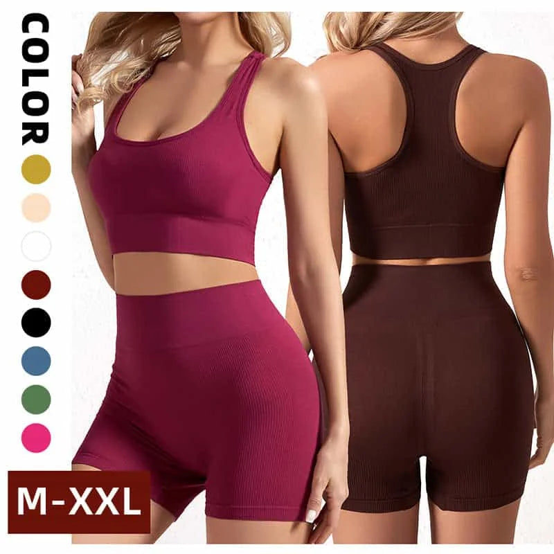 wireless sports bra | high-waisted yoga shorts | moisture-wicking fabric | energy saving